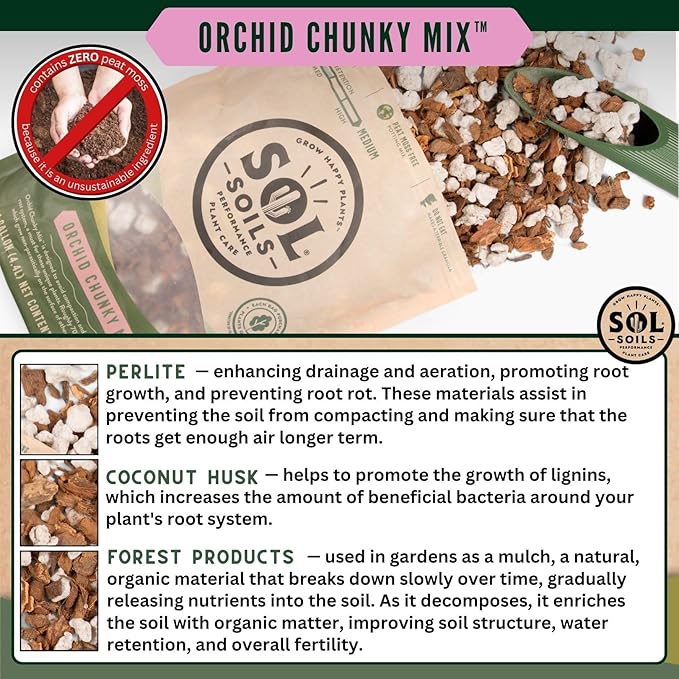 Sol Soils Chunky Orchid Potting Mix - 100% Peat-Free, Lightweight, and Aerated with Coconut Husk, Perlite & Recycled Forest Products for Fast Draining, Healthy Orchids - 1 Quart