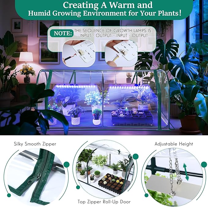 Meonum Mini Greenhouse with Grow Light, 51.18 "L x 25.59" W x 21.65" H Portable Greenhouses Waterproof UV-Resistant for Indoor/Outdoor Seed Starting(Dome Shape)