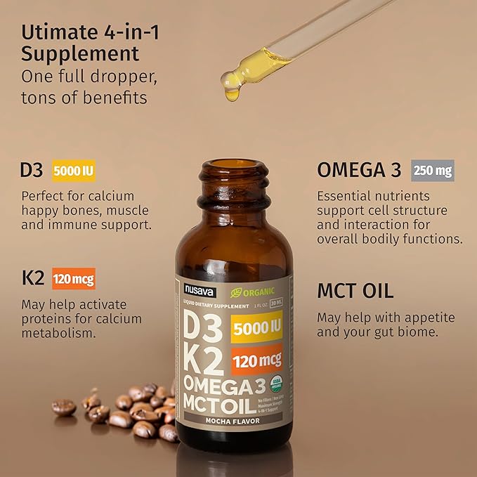 NUSAVA (2 Pack) Organic Vitamin D3 K2 Drops with MCT Oil Omega 3, 5000 IU, Maximum Strength Vitamin D Liquid, No Fillers, Non-GMO Liquid D3 for Faster Absorption and Immune Support (Mocha, 2 Fl Oz)