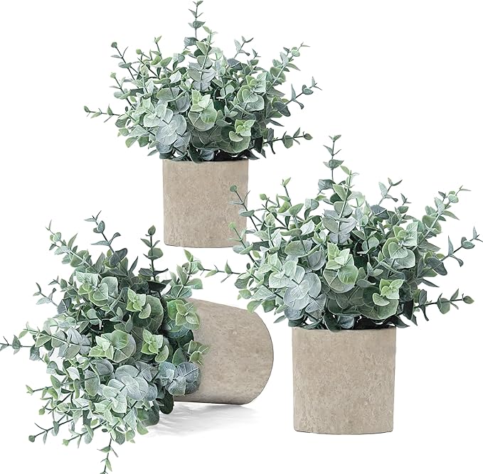 3 Pack Eucalyptus Fake Plants in Pot, Artificial Plants Indoor Greenery Small Faux Plants for Bathroom Shelf Room Desk Home Office Coffee Table Farmhouse Decor