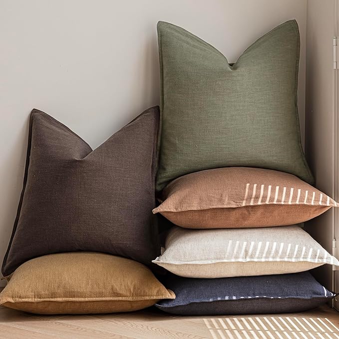 Foindtower Pack of 2, Decorative Linen Soild Throw Pillow Covers Soft Accent Cushion Case Boho Farmhouse Neutral Pillowcase for Couch Sofa Bedroom Living Room Home Decor 22 x 22 Inch Reddish Brown