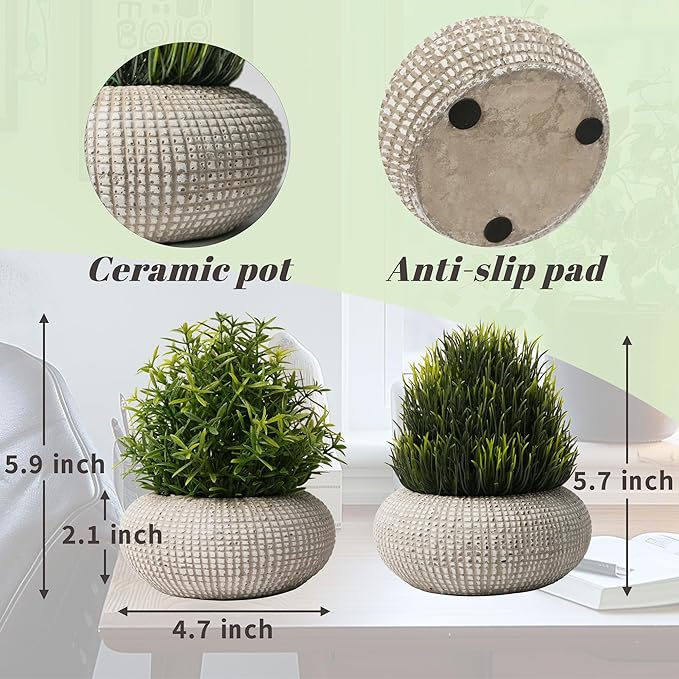 2 Pack Small Fake Plants in Cement Planter for Bathroom Decor, 6.1/5.7 Inch Artificial Plants Indoor, Small Faux Plants Indoor for Home Room Bedroom Farmhouse Kitchen Office Decor - Rosemary