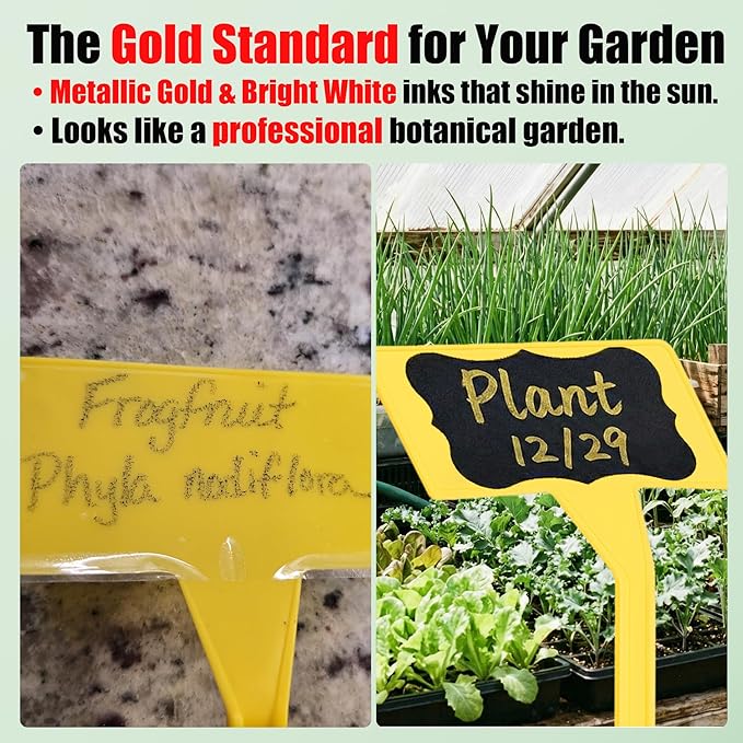 100 Pack Large 11.8" Plant Labels for Outdoor Garden Waterproof, T-Type Garden Label Stakes & Plant Tags with Black Stickers & Gold Pen, Tall Plant Markers for Outdoor Plants, Vegetables