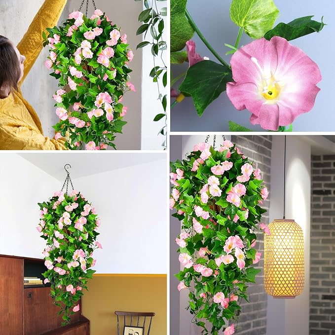 Artificial Fake Hanging Flowers Plants Basket for Spring Outdoor Outside Decoration, UV Resistant Faux Plastic Fabric Flower Morning Glory Wisteria Petunia for Garden Porch Patio Balcony Yard Decor