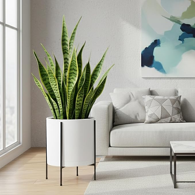 D'vine Dev 14 Inch White Planter Pot with Stand – Modern Plastic Cylinder Flower Pot with Heavy-Duty Metal Stand for Indoor Plants, 55-D-A-4