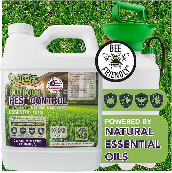 Trifecta Natural Outdoor Pest Control Yard Spray with Essential Oils | Mosquito, Ant, Flea, Tick, Gnat Killer on Contact & Repellent Treatment for Insects Bugs | Safe Around Kids & Pets | 32oz Conc