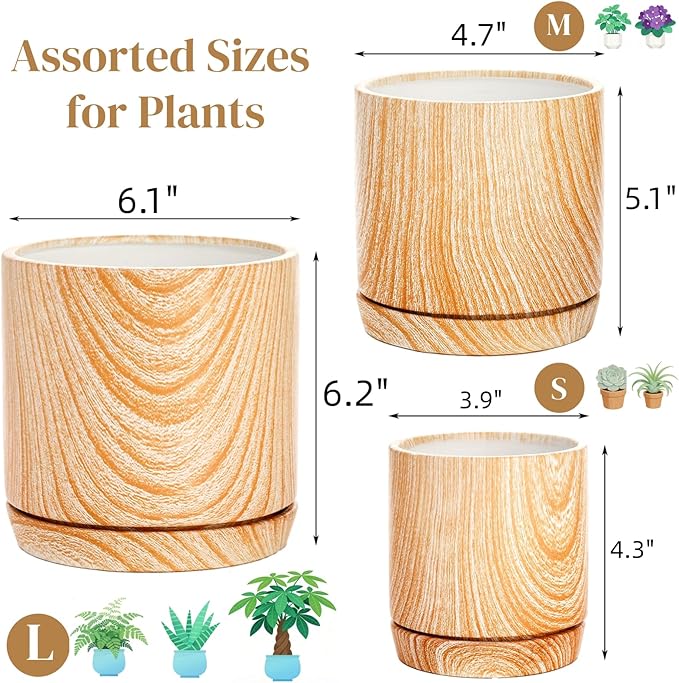Dicunoy Set of 3 Ceramic Planters - 6"/5"/4" Cylinder Flower Pots with Drainage Holes and Saucers for Indoor, Outdoor, Garden, Cactus, Herbs, Snake Plants, Aloe Vera, All House Plants