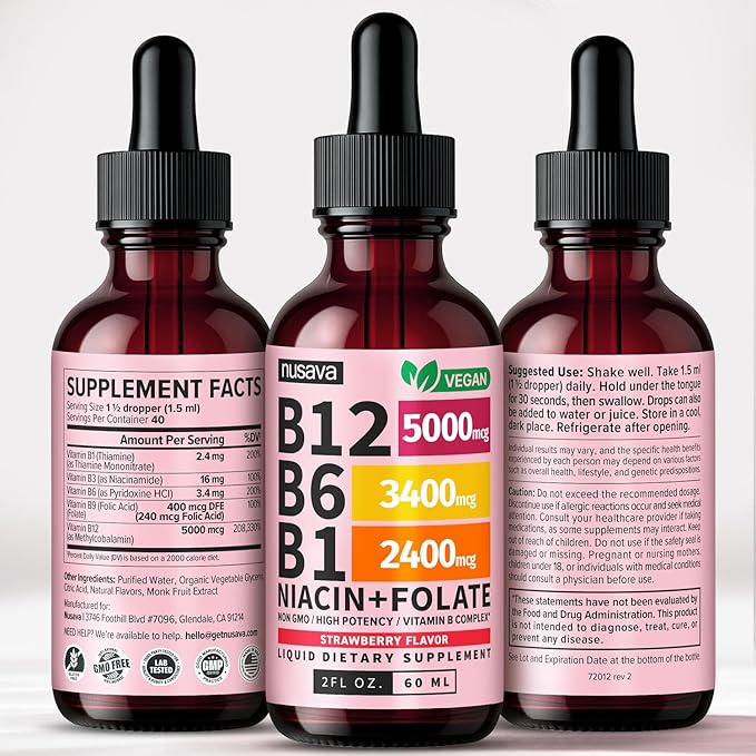 (4 Pack) Vitamin B12 and B6 Liquid Drops, B12 Sublingual Vitamin B Complex - B 12 Vitamin 5000mcg - B12 Methylcobalamin for Energy, Brain, and Heart Support with 27,200 mcg, Strawberry, 80 Servings