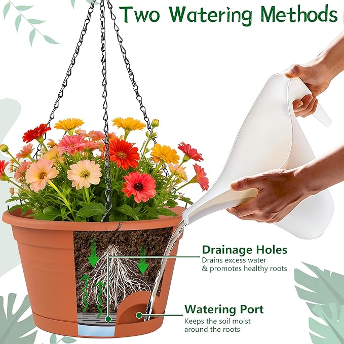 Nooulap 4 Pack Hanging Planters, 10 Inch Hanging Plant Pot with Hanger Chain & Drainage Trays, Hanging Baskets for Plants Outdoor Indoor, Plastic Flowers Pots for Home, Garden Decor (Red)