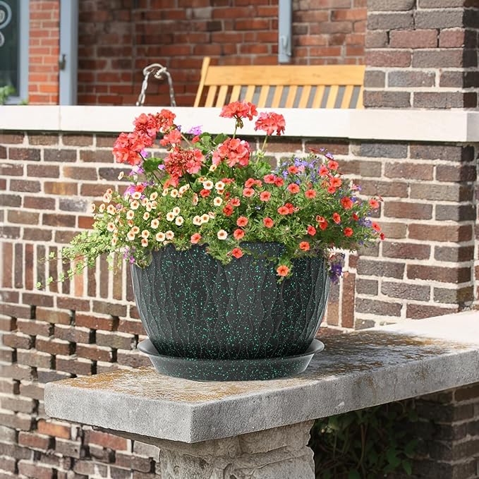 Meowell 12/10/9 inch Large Plant Pots, 3 Pack Wide Flower Pots for Outdoor Indoor Plants, Water Ripples Plastic Planters with Drainage Holes and Saucers for Garden House, Black with Green Speckles