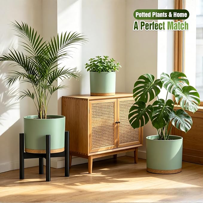 10/9/8 Inch Large Plant Pots with Drainage Holes and Trays, 3 Pack Modern Minimalist Cylinder Planters for Monstera, Snake Plant, Indoor Outdoor (Matte Green & Brown)