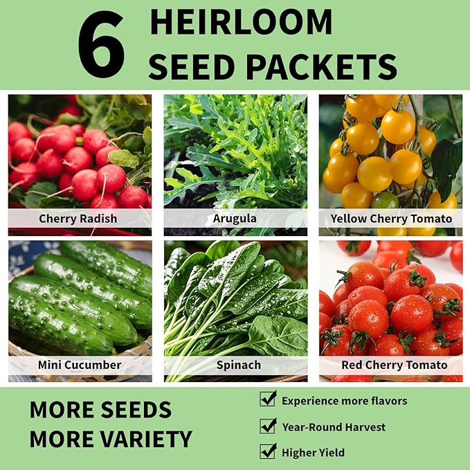 Hydroponic Seed Pod for Aerogarden, Ahopegarden, LETPOT, URUQ - 12 Salad Refill Grow Pods with 6 Packets Seeds of Mini Cucumber, Arugula, Spinach, Cherry Radish & Tomato for All Hydroponic Systems