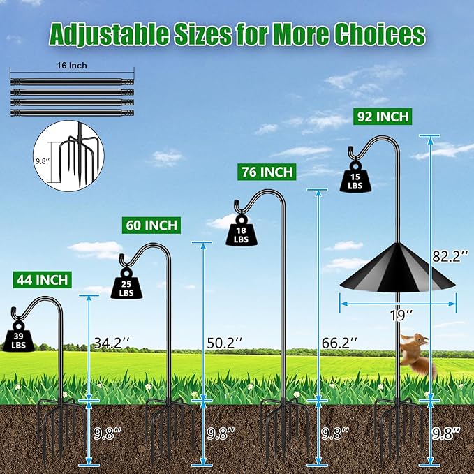 FEED GARDEN 92’’ Bird Feeder Pole Squirrel Proof, Adjustable Shepherds Hooks for Outdoor with 7 Prongs Base, Heavy Duty Shepherd Hook with Squirrel Baffles, Pole for Bird Feeder, Plant Baskets,1 Pack