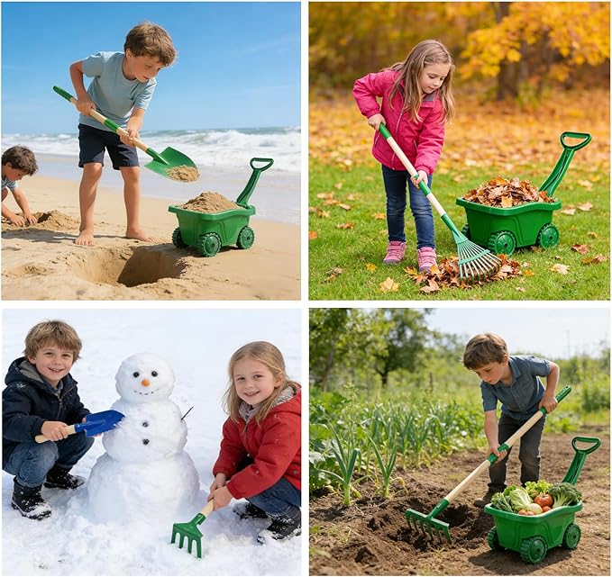 VICHTOP 10Pcs Kids Gardening Tools Set - Wheelbarrow Toys with Shovel, Rake, Hoe and Leaf Rake for Outdoor Backyard Play, STEM Educational Toys, for Toddler Boys & Girls Ages 3 4 5