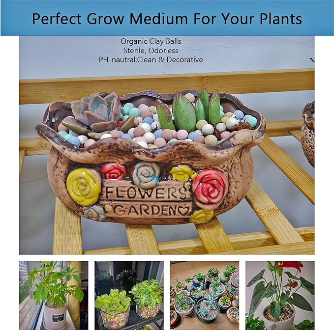 Natural Organic Colorful Leca Balls 2LBS for Plants, 8mm-10mm Ceramsite Clay Pebbles Indoor Potting Garden Soil for Orchid, Succulents, Hydroponics, Decoration, Drainage (2LBS, Colorful, 1)