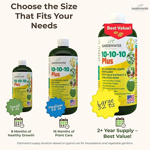 GARDENWISE 10-10-10 All Purpose Plant Food - Liquid Fertilizer with Seaweed Kelp & Iron - Indoor & Outdoor Plant Food, Vegetables, Flowers, Lawn & Garden 1x32oz