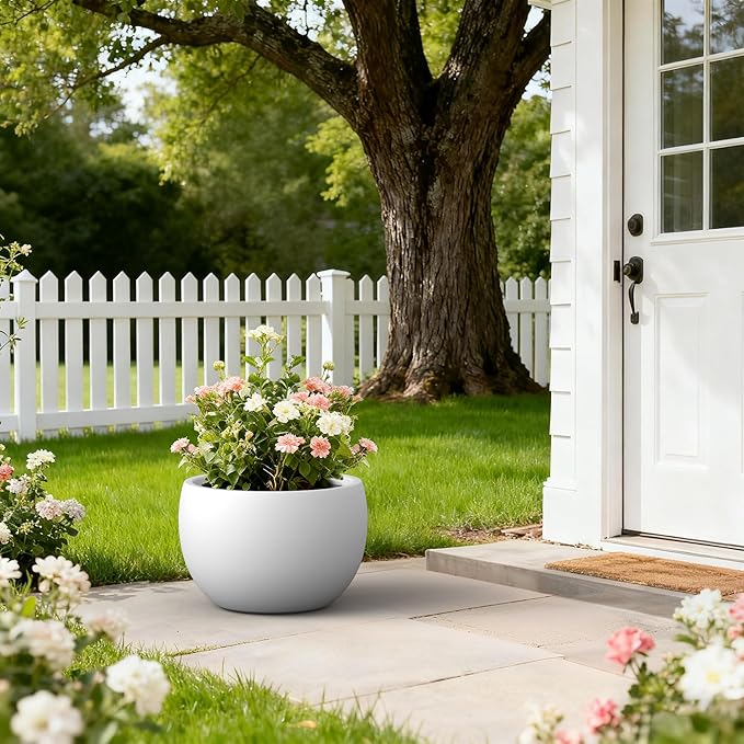 Kante 19.9" Dia Round Concrete Planter, Outdoor/Indoor Large Bowl Plant Pots with Drainage Hole and Rubber Plug for Garden Patio Balcony Home, Pure White