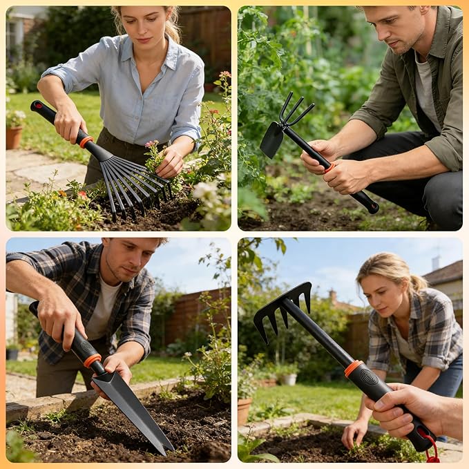 Garden Tool Set, Heavy Duty Gardening Tool Set with Ergonomic Handle, Rake Shovel Hand Hoe Double-Sided Cultivator Weed Puller Tool Set for Digging, Transplanting, Weeding (5Pcs Set)