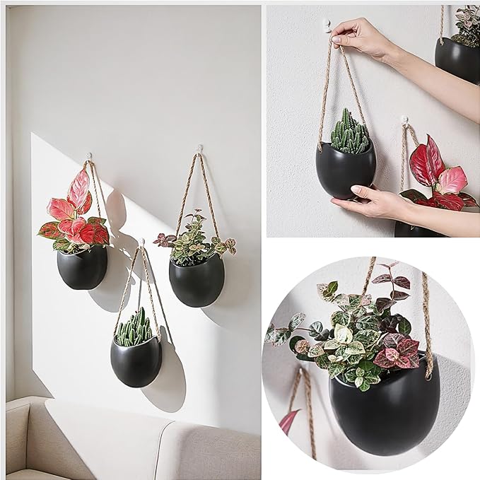 Set of 3 Small Ceramic Hanging Planters for Indoor Plants, Wall Decor for Bathroom Living Room Bedroom Home Kitchen Office Corridors
