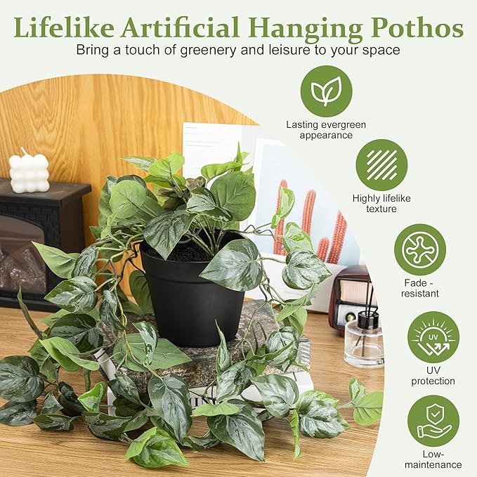 Artificial Pothos Hanging Plant, Fake Pothos with Woven Net, Realistic Faux Ivy Vine Fake Potted Plants for Shelves, Patio, Office, Living Room, Bathroom, Indoor Outdoor Decor(with Flowerpot)