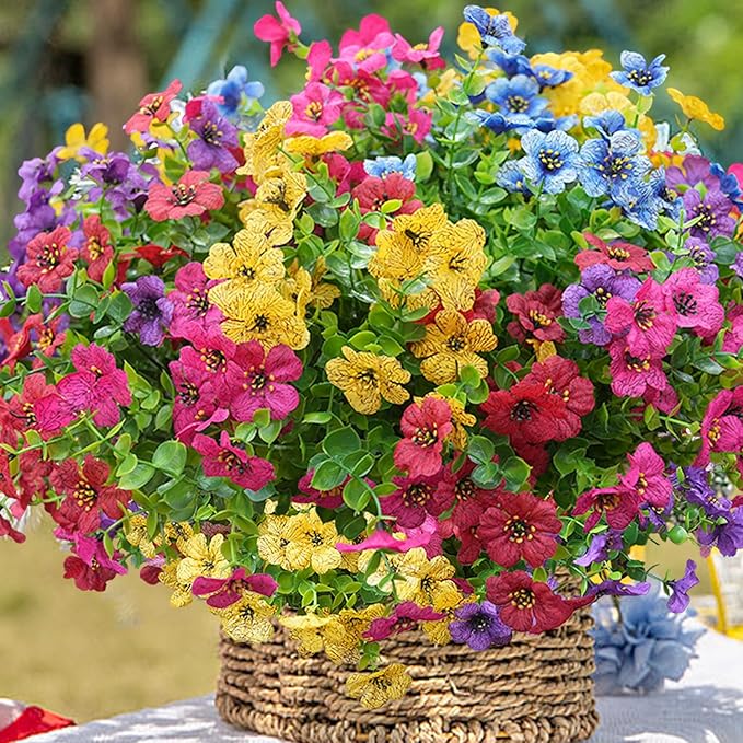 trytuny Artificial Flowers for Outdoor, UV Resistant Fake Silk Flowers, Realistic Faux Plants for Outside Indoor Porch Patio Window Box Planter Home Decor (20, Yellow Purple Rosy Red Blue)