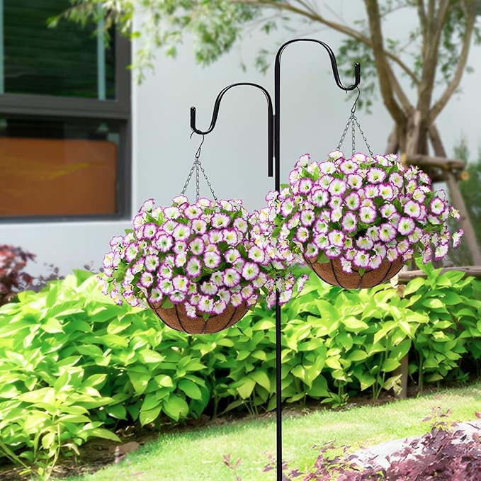Homsunny Artificial Hanging Flowers in Basket,12 inch Silk Flower Coconut Lining Hanging Baskets,Fake Hanging Plants in for Outdoors Courtyard Decor(Light Purple)