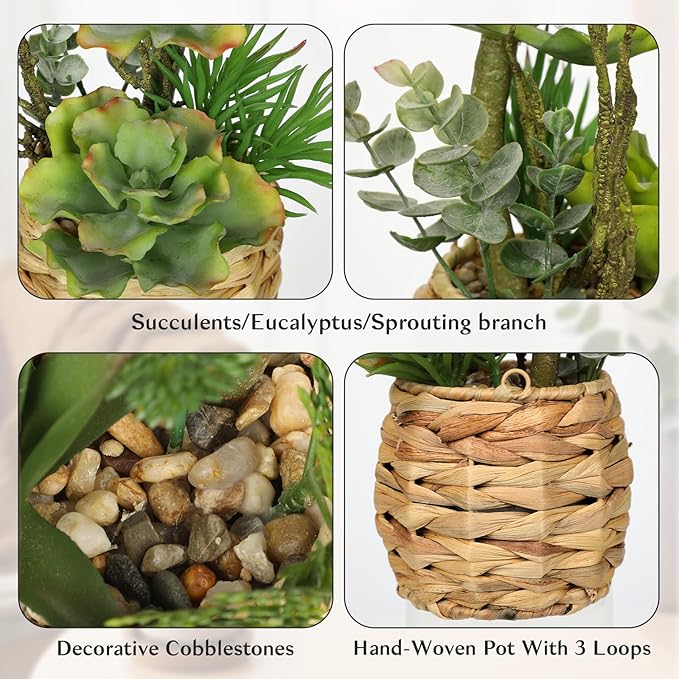 Villa Como 10" Large Succulents Plants Artificial in Wooden Pots, Potted Faux Succulent Arrangement with Woven Pots, Fake Desk Succulents Plants for Home Bathroom Shelf Table Indoor Decor
