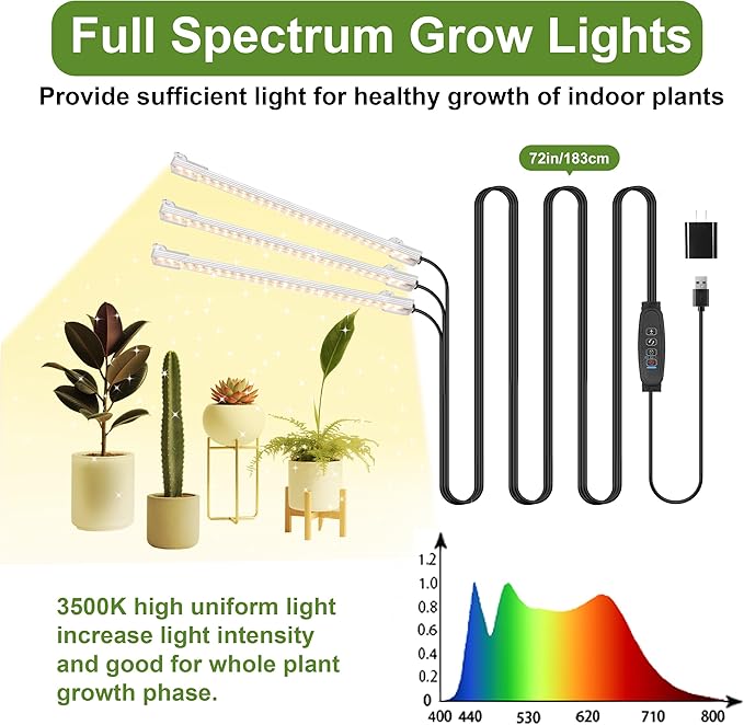 8.6'' LED Grow Light Strips, Full Spectrum 3500K Grow Lights for Indoor Plants, 3 Head with 3/9/12H Timer, 10 Dimmable Levels, Suitable for Seedling, Succulent, Plant Shelf and Greenhouse, 1-Pack