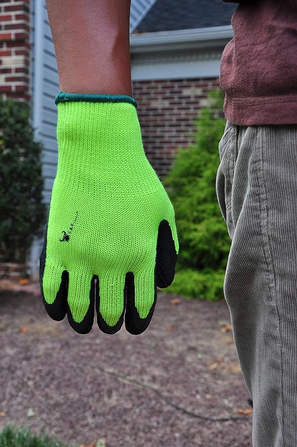 G & F 1516 6 Pairs Pack Premium High Visibility Low emissions Green Work and gardening Gloves for Men and Women. MicroFoam Textured Coated Palm and Fingers Gloves for Gardening Work, Size Small, Green