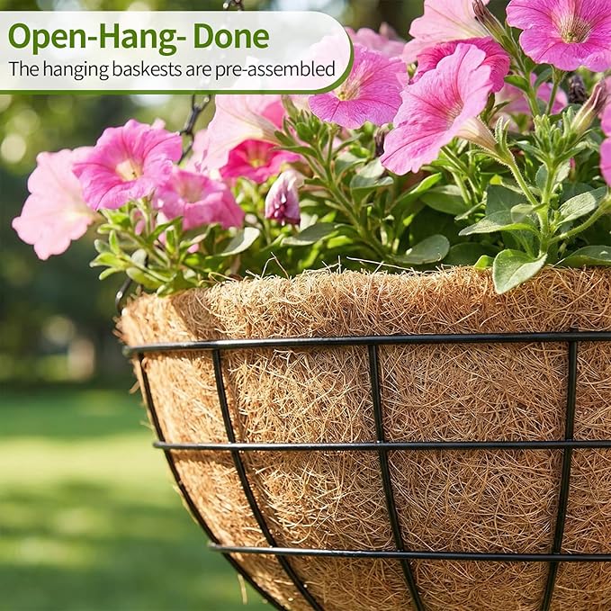 18 Inch Hanging Baskets for Plants Outdoor, 4 Pack Large Hanging Planters for Indoor Outdoor Plants, 4 Pack Round Wire Hanging Flower Pots with Coconut Coir Liners for Garden, Deck, Porch, Balcony