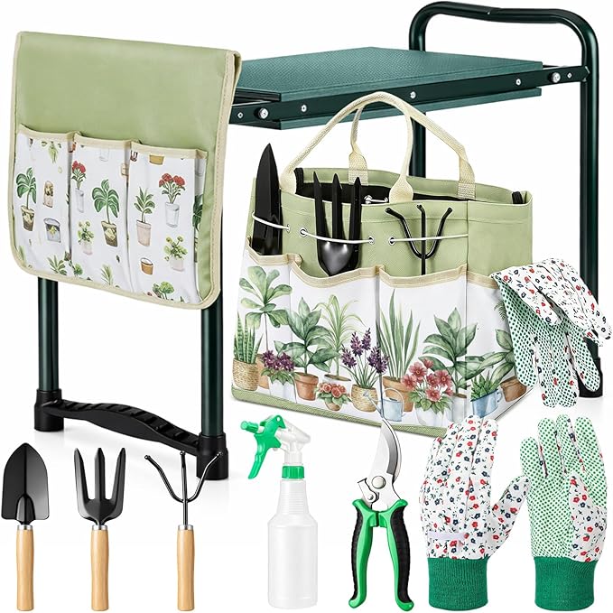 Sintuff 9 Pcs Garden Kneeler and Seat with Gardening Tools and Pouch Heavy Duty Gardening Stools for Seniors Foldable Garden Stool Gifts for Women Mom Employees Yard Outdoor Work Gift