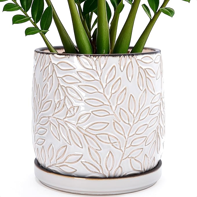 D'vine Dev 10 Inch Embossed Leaves Stoneware Planter Pot with Drainage Hole and Saucer, Smoked White, 27-A-P-1