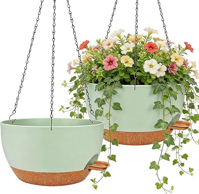 2 Pack 12 Inch Self Watering Hanging Planters for Indoor Plants, Large Green Brown Plastic Hanging Pots with Chains for Outdoor Patio Garden Home Decor Green Brown