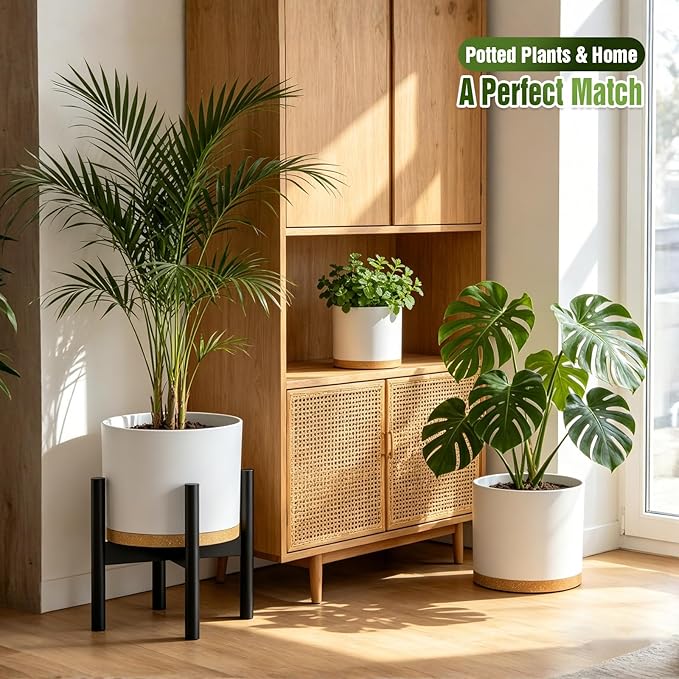 10/9/8 Inch Large Plant Pots with Drainage Holes and Trays, 3 Pack Modern Minimalist Cylinder Planters for Monstera, Snake Plant, Indoor Outdoor (Matte White & Brown)