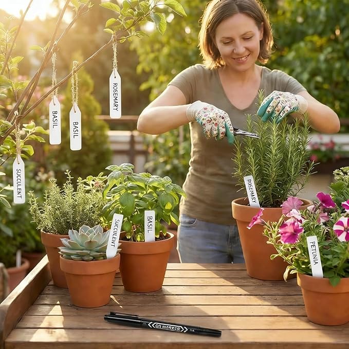 100PCS 2-in-1 Plastic Plant Labels with Permanent Pen, 4" x 0.8" Waterproof Garden Markers Seed Tags, Reusable PVC Plant Tags for Outdoor Indoor Gardening Greenhouse Vegetable
