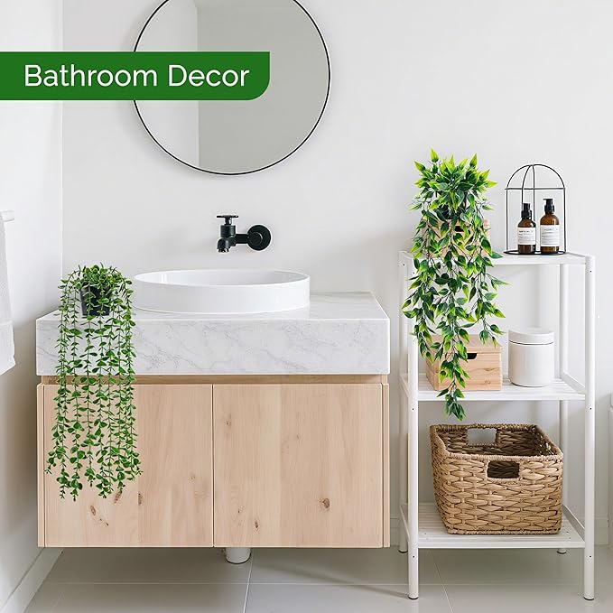 Der Rose 6Pcs Fake Plants Hanging Artificial Eucalyptus Vines Faux Potted Hanging Plants Indoor for Bathroom Kitchen Wall Shelf Outdoor Decor