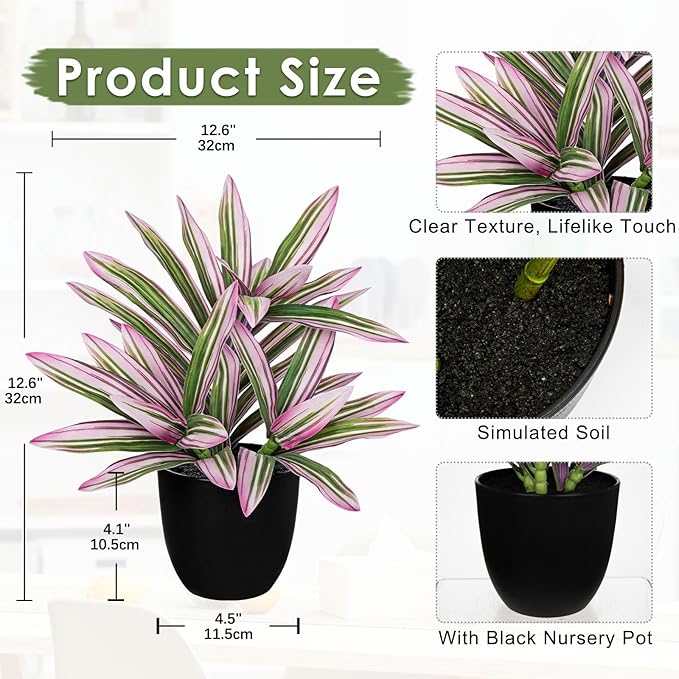 Faux Plants Dracaena Artificial Plant Realistic Fake Plants in Pot Small Indoor Plants 12.6" Fake Potted Plants Artificial Decor for Home Living Room Bathroom Office House Table Desk Shelf Pink and W