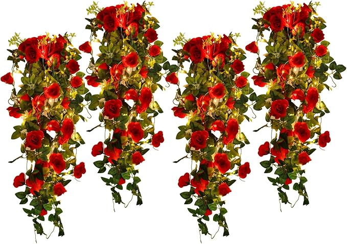 RECUTMS Hanging Rose Flowers Artificial Vines for Outdoors with 30 LED Fairy String Lights Indoor Home Garden Wall Wedding Valentines Day Decorations Rose (Red)