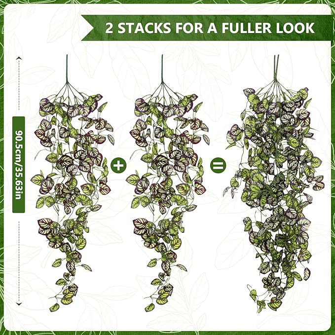 2-Pack Fake Hanging Plants, Faux Hanging Plant Artificial Greenery for Living Room Bedroom Boho Wall Shelf Indoor Outdoor Decor (Purple Feather Leaf)