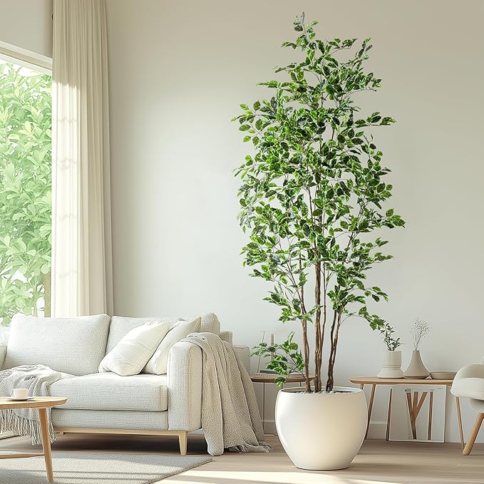Bailikang Artificial Ficus Tree Indoor 8ft, Large Potted Faux Tree with Realistic Silk Leaves & Trunk for Home Office, Living Room Corner Decor