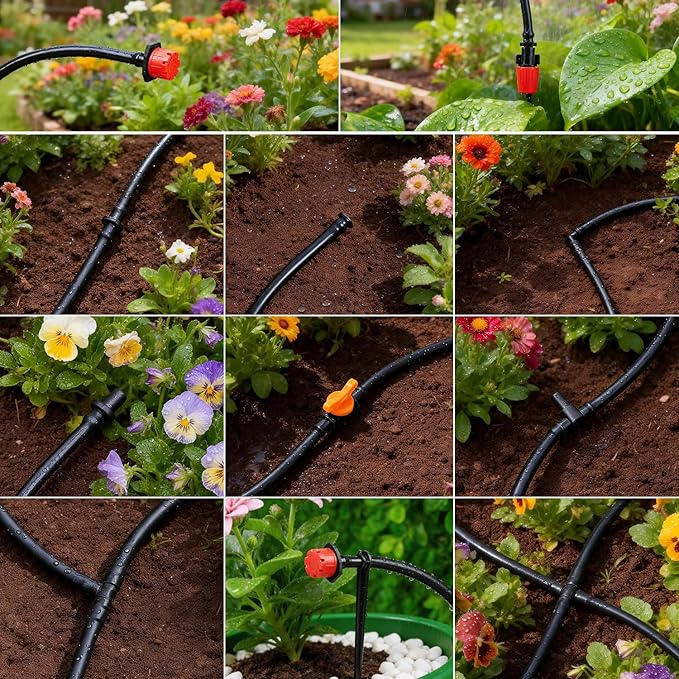 RedChili 240 Pack Drip Irrigation Fittings Kit for 1/4" Tubing, Include Misting Nozzles, Drippers, Stakes, Flat Tees, Single Barbs, Couplers, Valves, Tees, Elbows, Plugs, Crosses for Garden Irrigation