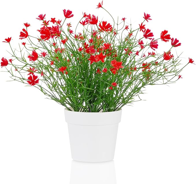 Artificial Babys Breath Potted Fake Plants with Flowers Faux Plants Indoor for Home Office Bookshelf Table Room Decor (Red)
