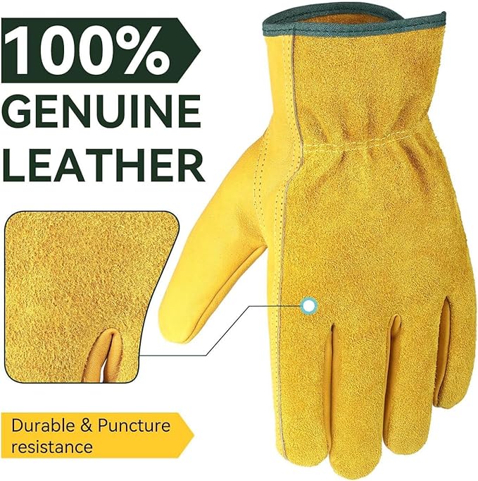 OZERO Leather Work Gloves for Men & Women,3 Pairs Genuine Cowhide Garden Gloves, Lab Tested EN388 2143X, Flexible Grip, Breathable Unlined Comfort, Elastic Wrist (Gold, X-Large)