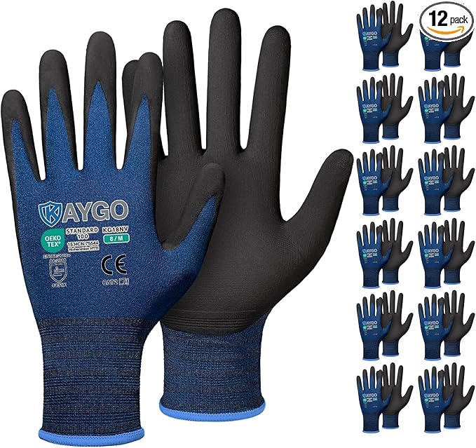 KAYGO Safety Work Gloves MicroFoam Nitrile Coated-12 Pairs, KG18NB,Seamless Knit Nylon Glove with Black Micro-Foam Nitrile Grip,Ideal for General Purpose,Automotive,Home Improvement, Dark Blue, M
