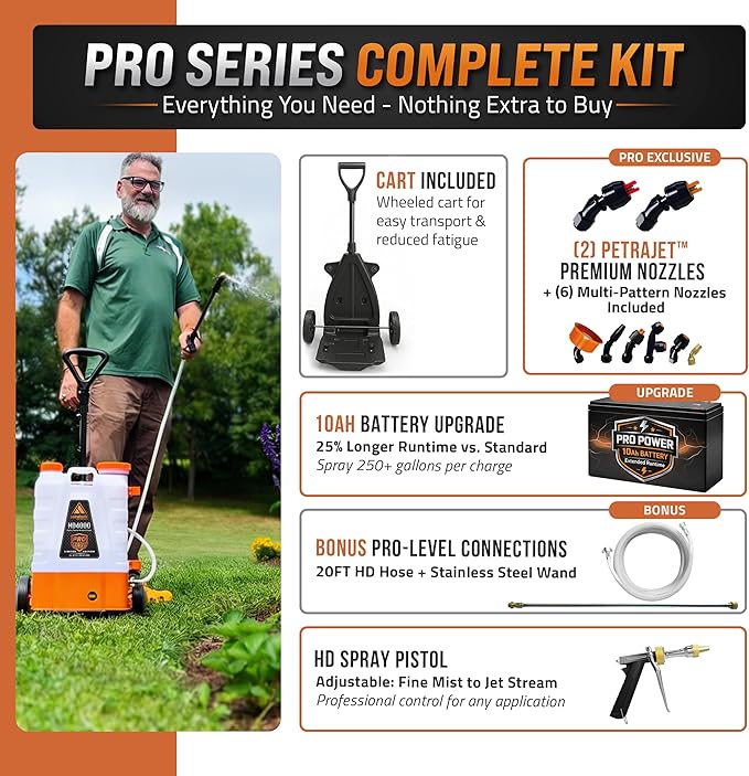 PetraTools Battery Powered Backpack Sprayer 4 Gallon - 8 Hours Long Battery Life & Padded Straps for Comfort - HD4000 Electric Backpack Garden Sprayer with 9 Spray Nozzles (HD4000 ProSeries with Cart)