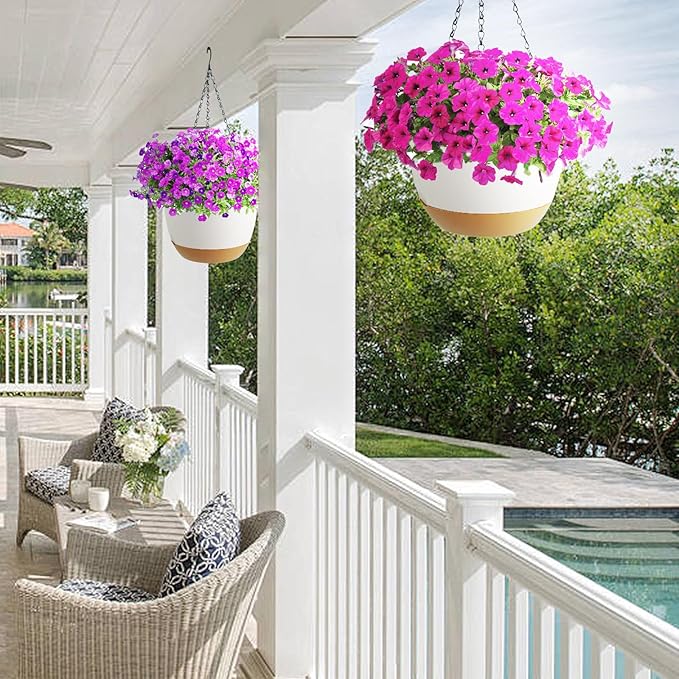 Koalaime Hanging Planter Self Watering 10 Inch, 2 Pack Indoor Outdoor Hanging Baskets, Hanging Flower Pots with Drainage Hole & 2 Kinds of Plant Hangers for Garden Home Decor(Black Hanger