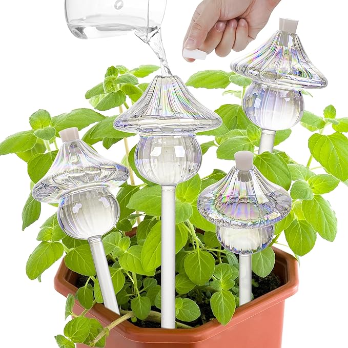 Plant Watering Globes Mushroom, Iridescent Patterned Glass Watering Bulbs, Self Watering Planter Insert, Self Watering Globes - Plant Watering Devices for Travel, Vacation (4 PCS)