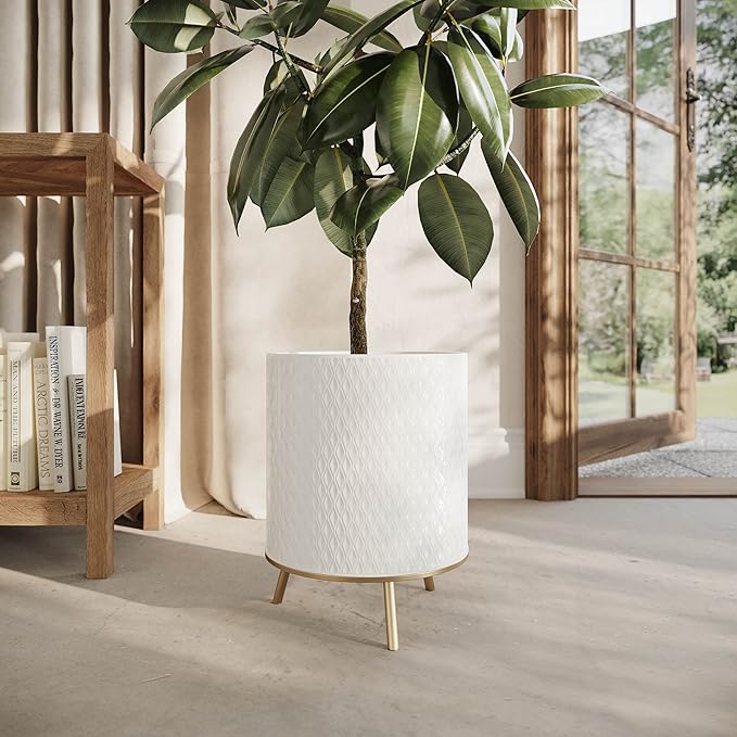 EverNest Claire Honeycomb Neutral Modern White Planter with Nyra Stand, Indoor Plant Pots, SelectBase, Mid-Century Modern, Boho Style Home Decor for Plants (Large, Gold)