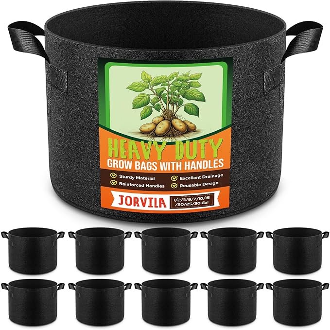 Jorvila 10 Pack 5 Gallon Grow Bags, Thickened Nonwoven Fabric Planter Pots with Handles, Heavy Duty 300G Garden Pots for Tomato, Potato and Vegetable