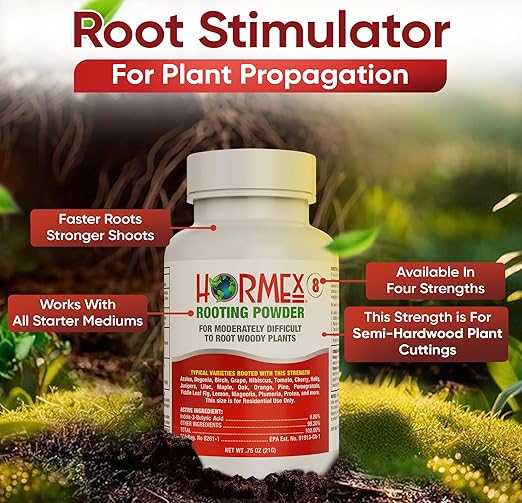 Hormex Rooting Powder #8 (0.80% IBA) for Semi-Hardwood Plants, Trees & Shrubs - High Strength Root Powder, Root Stimulator for Plants, Rooting Hormone for Cuttings, Cloning, & Woody Propagation
